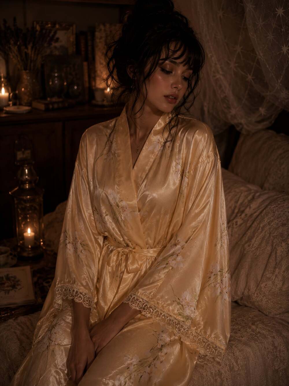 L.A. Intimates VTG Yellow Floral Satin Robe with Lace Trim Sz.L